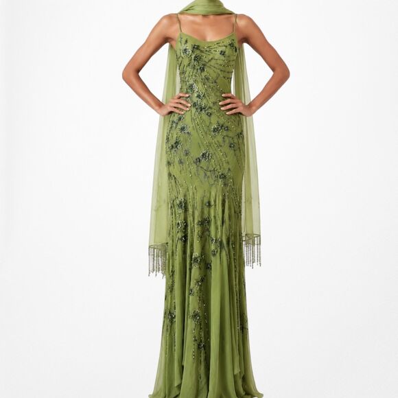 American Vintage Dresses & Skirts - Vintage Y2K Olive Green Floral Beaded Bodycon Prom Shawl Dress Size S
